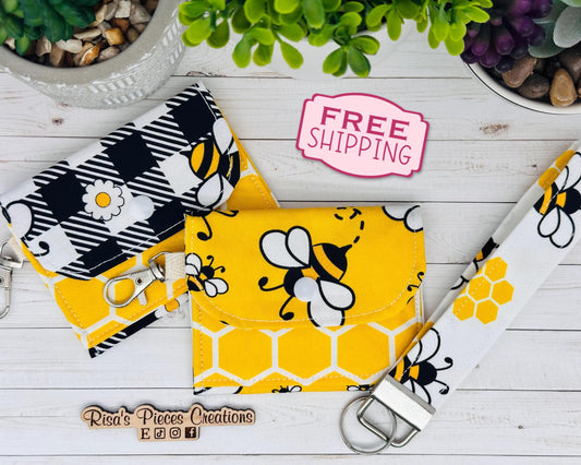 Bees and honeycomb mini keychain wallet, Clip on card wallet with pockets, lanyard coin purse for her, gift for daughter, stocking stuffers