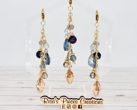 Blue Beaded Bag Charm, Handmade Agate Tigers Eye Keychain, Gold Plated Sparkly Purse Accessory, Phone Charm, Mothers Day Gift for Her