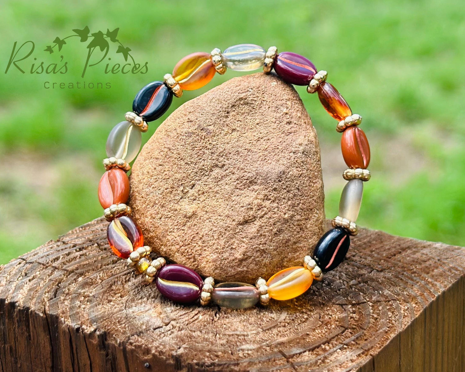 Coffee Bean Stretch Bracelet, Autumn Harvest Gold Accent Acrylic Bead Fall Jewelry, Stackable Bracelet, Birthday Gift for Her, For Wife